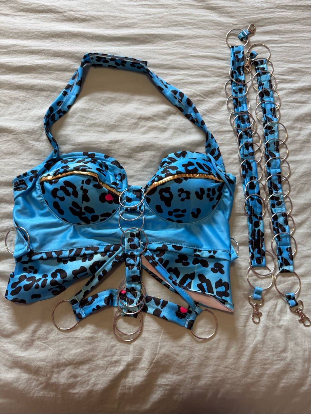 NWOT Handmade Rave Outfit Blue Leopard-Print Strappy Set with Ring Details - Picture 2 of 8